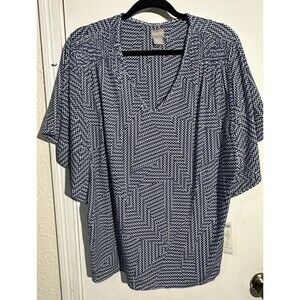 Chico's Indigo & White Geo Flutter Sleeve Knit Top Size XXL